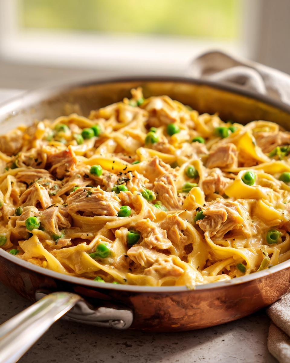 Close-up of creamy tuna pasta made with wide egg noodles and bright green peas, served hot in a copper skillet.