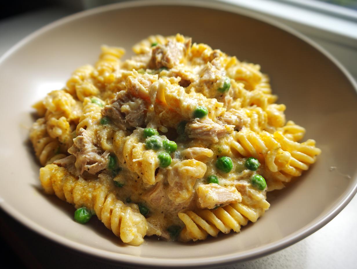 A close-up of creamy tuna pasta made with fusilli noodles and bright green peas, served in a light brown bowl.