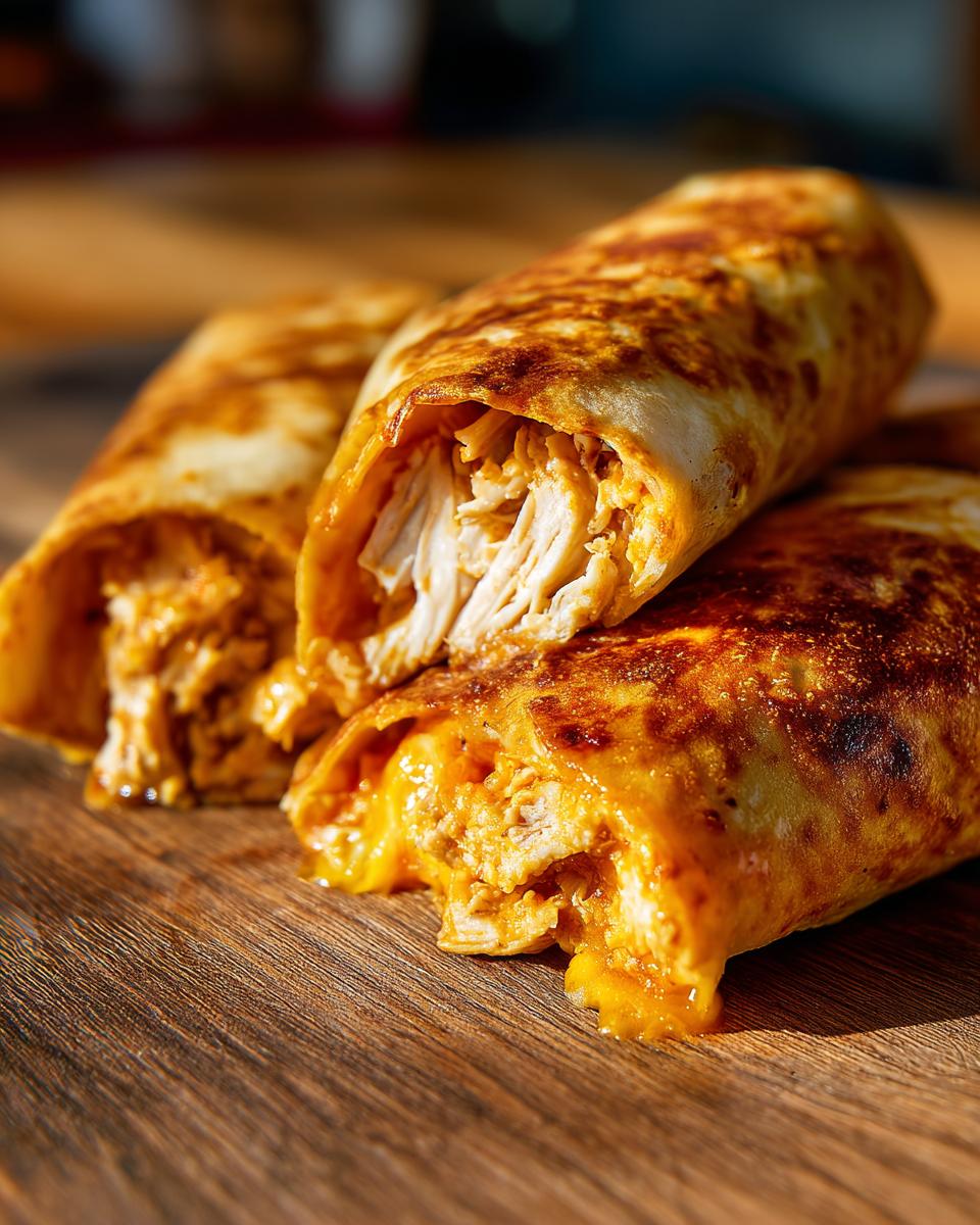 Close-up of three golden-brown baked Chimichangas stacked on a wooden board, showing shredded chicken and melted cheese filling.
