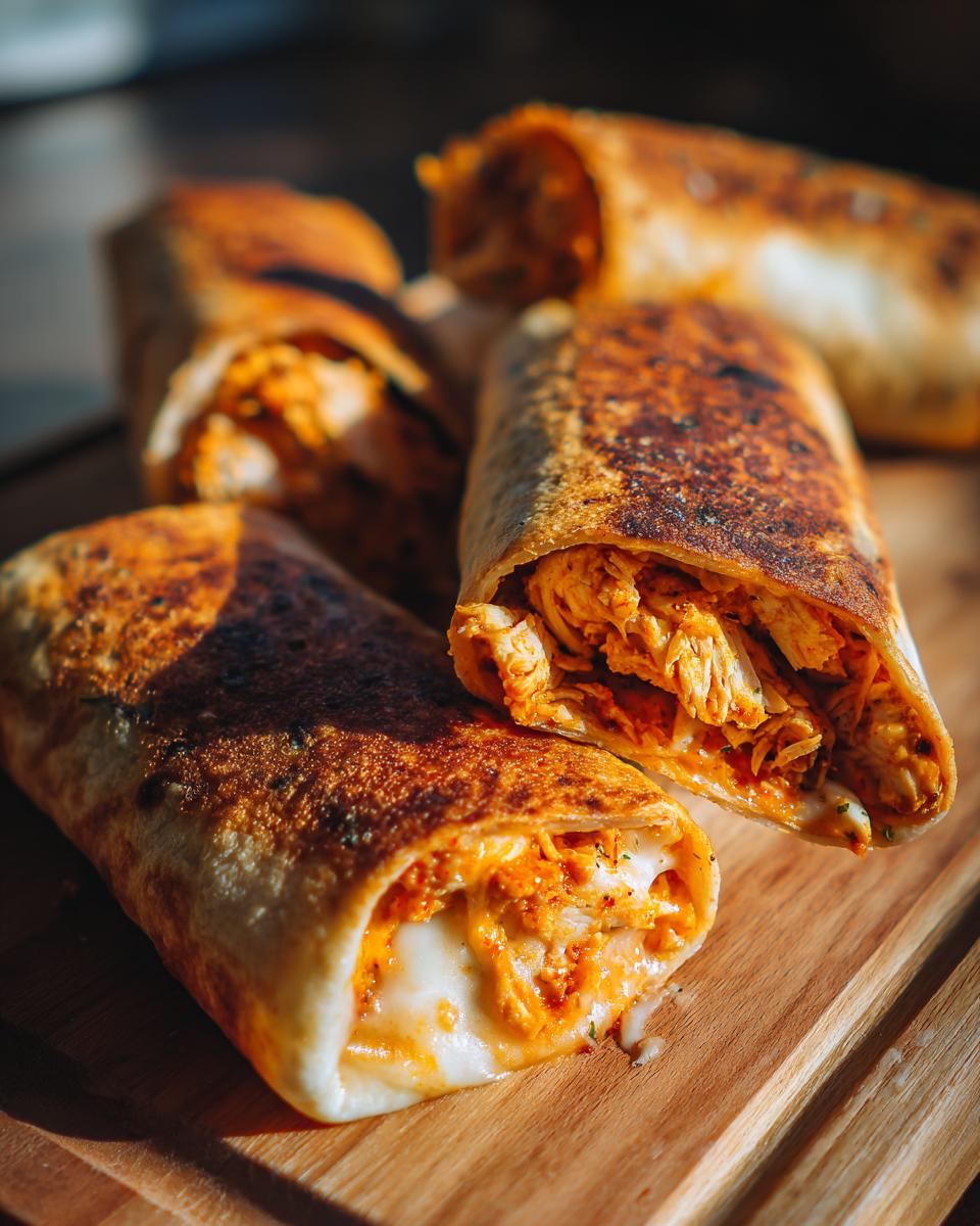 Close-up of crispy baked Chimichangas, one cut open showing shredded chicken and melted cheese filling.