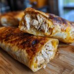 Close-up of two crispy baked Chimichangas, one cut open to show the shredded chicken and melted cheese filling.