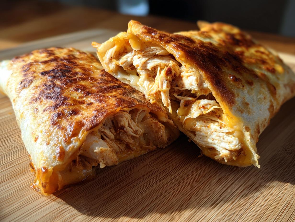 Two halves of a crispy baked chicken chimichanga showing shredded seasoned chicken filling.