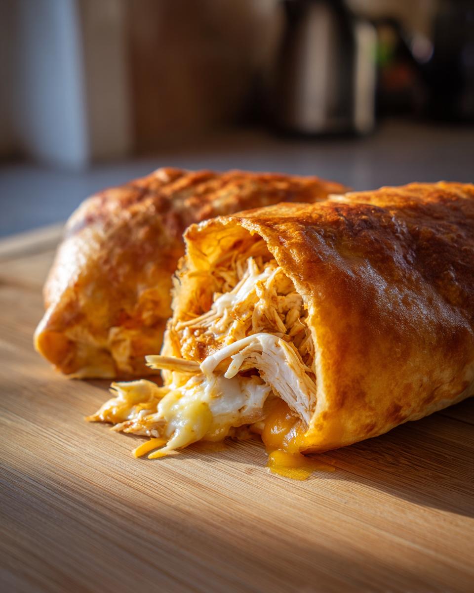 Close-up of a crispy baked Chimichangas cut open, showing shredded chicken and melted cheese filling.
