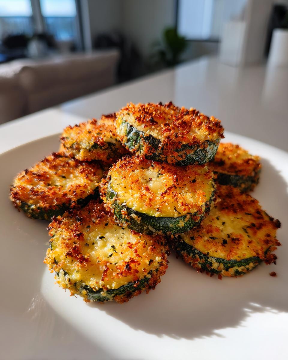 A stack of golden brown, crispy baked parmesan zucchini slices on a white plate, perfectly cooked.
