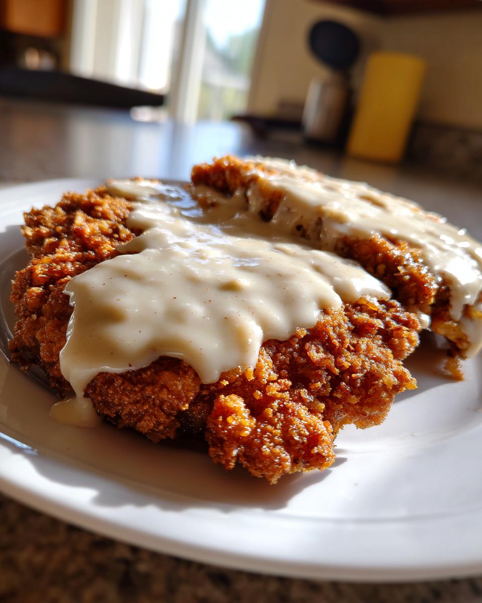 Close-up of crispy, golden-brown chicken fried steak smothered in white country gravy on a white plate.