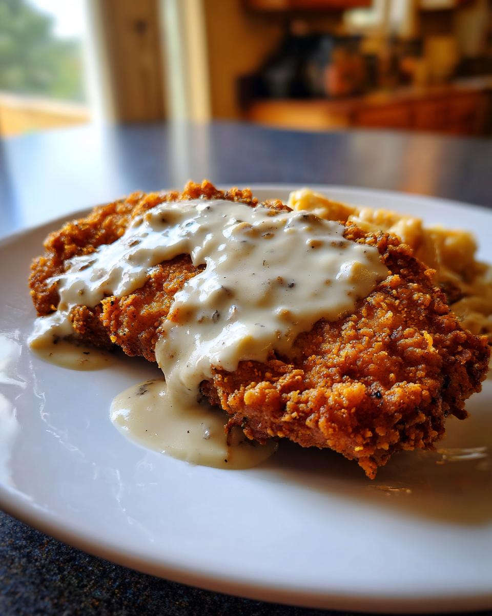 A close-up of crispy, golden-brown chicken fried steak smothered in creamy white pepper gravy.