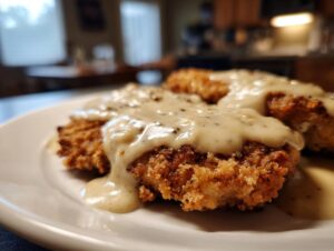 Close-up of crispy, golden-brown chicken fried steak smothered in creamy, peppered country gravy.