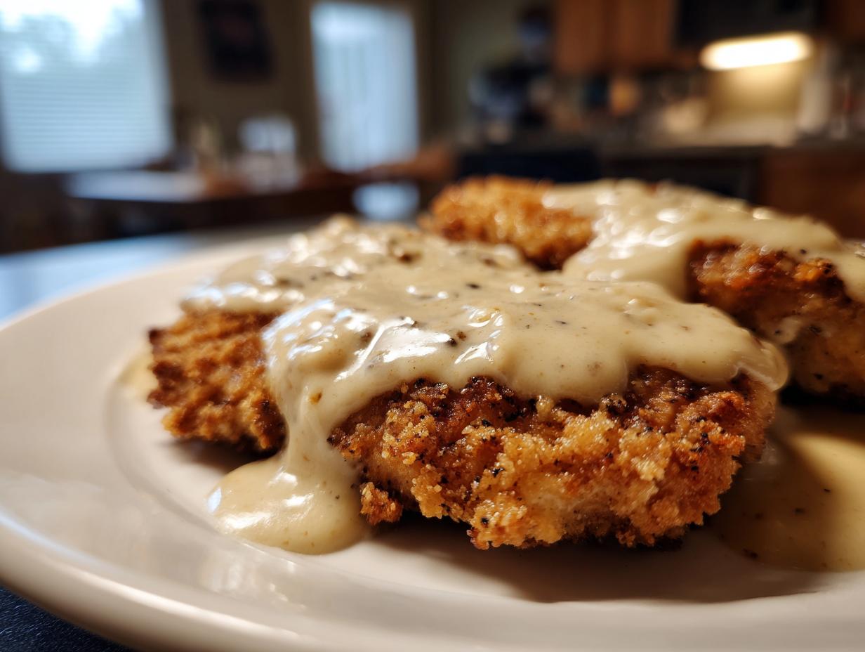 Close-up of crispy, golden-brown chicken fried steak smothered in creamy, peppered country gravy.