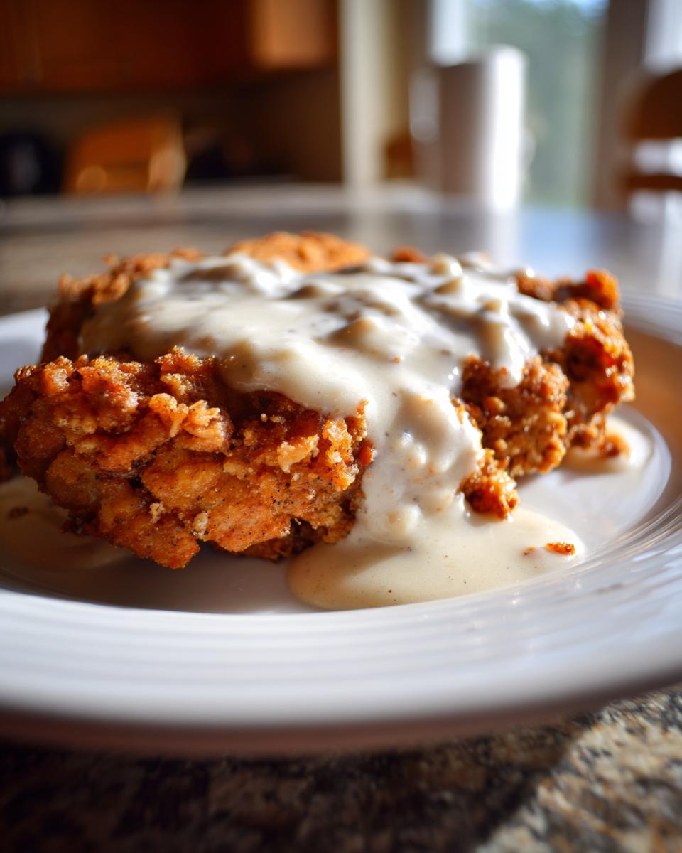 Close-up of a piece of crispy, golden-brown chicken fried steak smothered in creamy white gravy on a white plate.