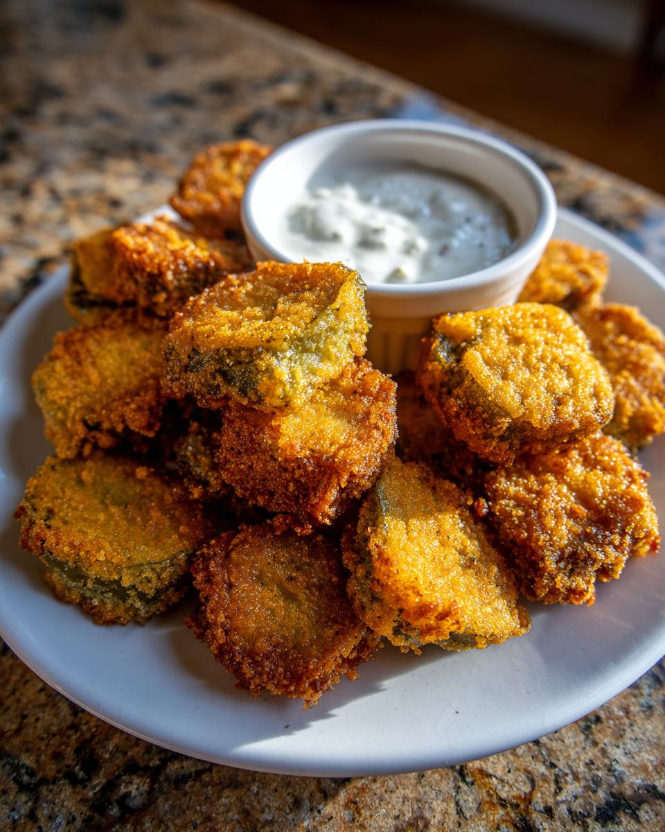 A plate piled high with golden brown, crispy Fried Pickles served with a small bowl of creamy dipping sauce.