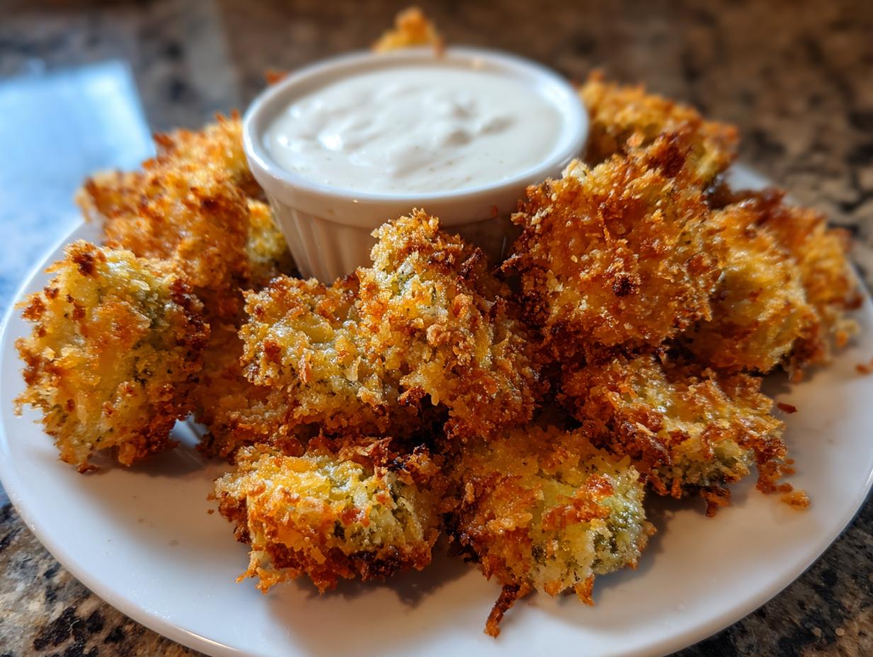 A pile of golden brown, crispy fried pickles served on a white plate with a small bowl of white dipping sauce.