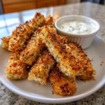 A pile of golden brown, crispy Fried Pickles sticks served on a white plate next to a small bowl of creamy dipping sauce.