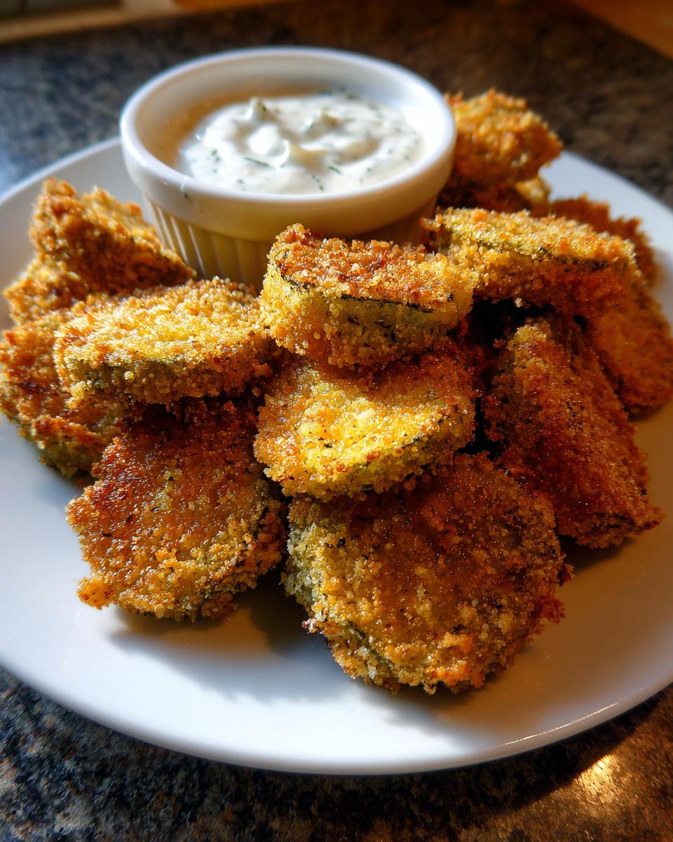 A plate piled high with golden brown, crispy Fried Pickles served alongside a small white bowl of creamy dipping sauce.
