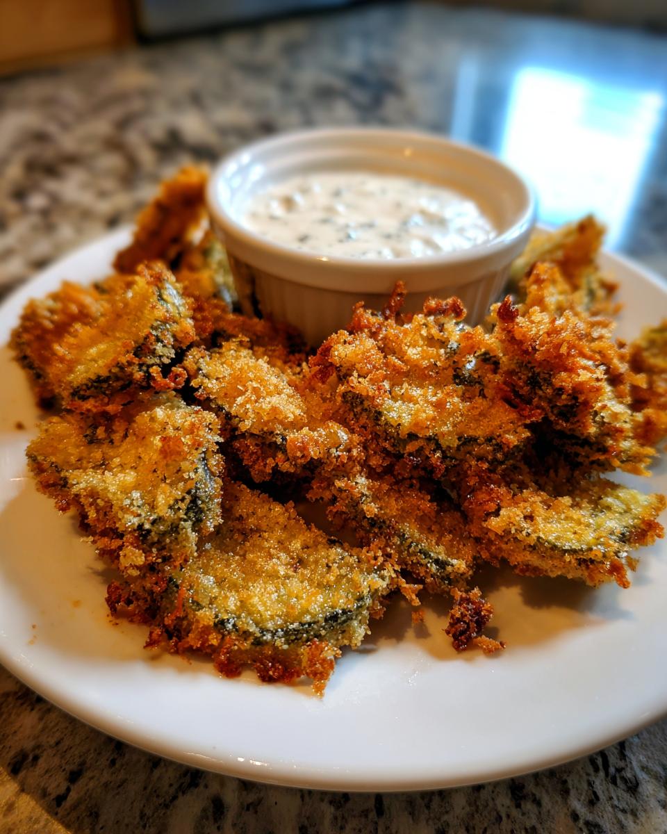A plate piled high with golden brown, crispy Fried Pickles served with a small bowl of creamy dipping sauce.