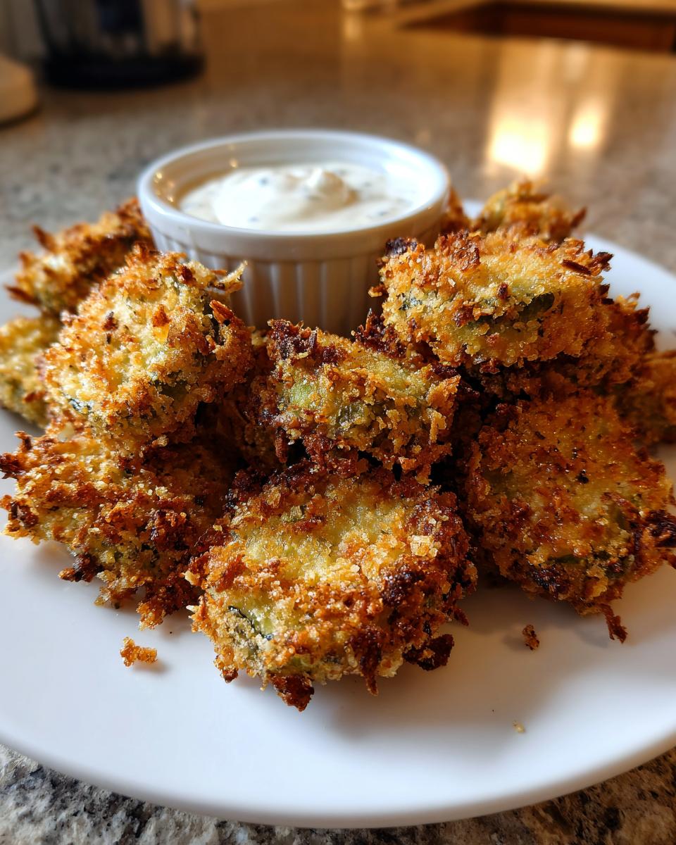A pile of golden brown, crispy Fried Pickles served on a white plate next to a small bowl of creamy dipping sauce.