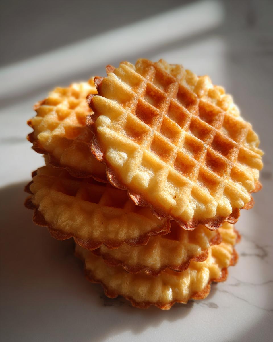 A stack of four golden-brown, crisp pizzelle cookies with delicate waffle patterns.