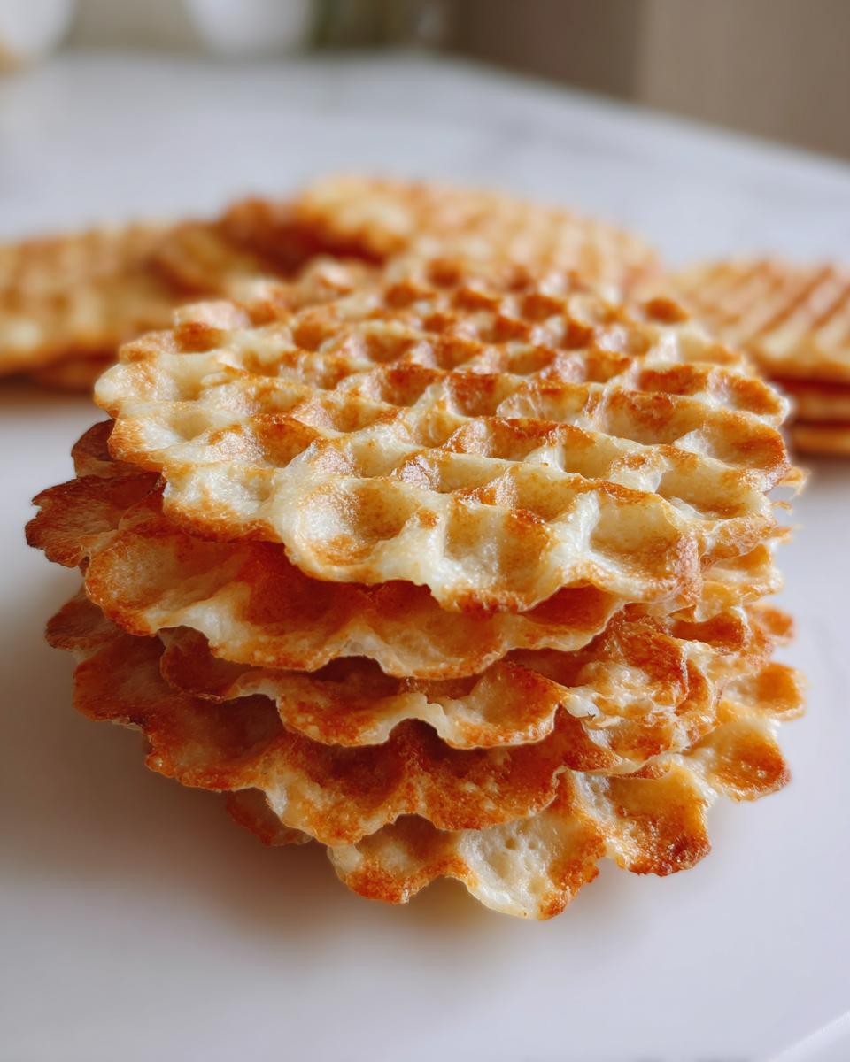 A close-up stack of five golden brown, crisp pizzelle cookies with a distinct waffle pattern.