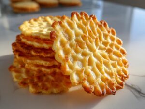 Close-up of a stack of golden brown, crispy pizzelle cookies, showcasing their delicate waffle pattern.