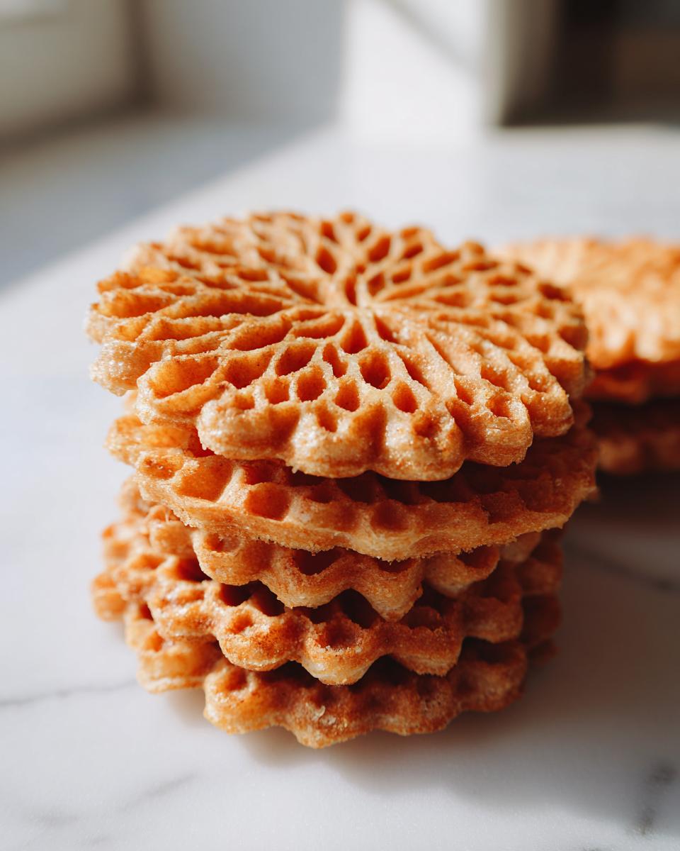A close-up stack of four golden brown, crisp pizzelle cookies showing their delicate, lacy pattern.