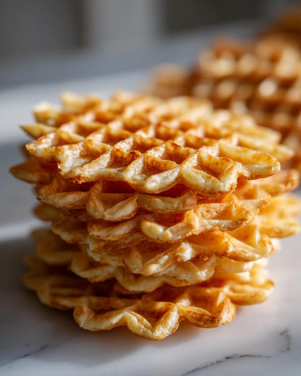 A tall stack of golden brown, crisp pizzelle cookies showing their intricate waffle pattern.