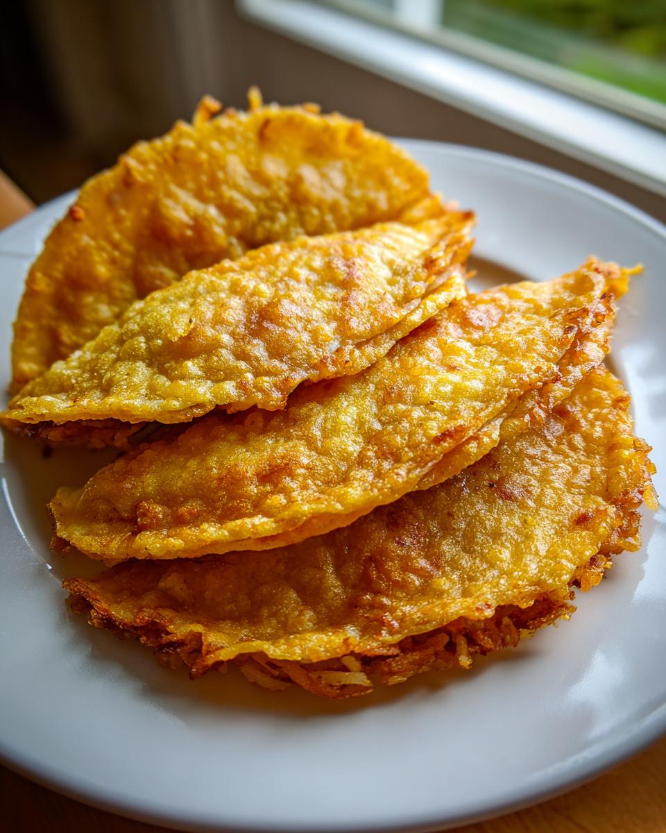 Four crispy, golden-brown potato tacos stacked on a white plate, ready to eat.