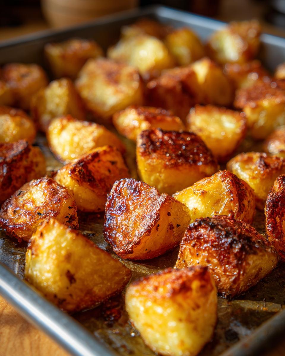 Close-up of golden brown, crispy roast potatoes glistening with oil in a metal baking tray.