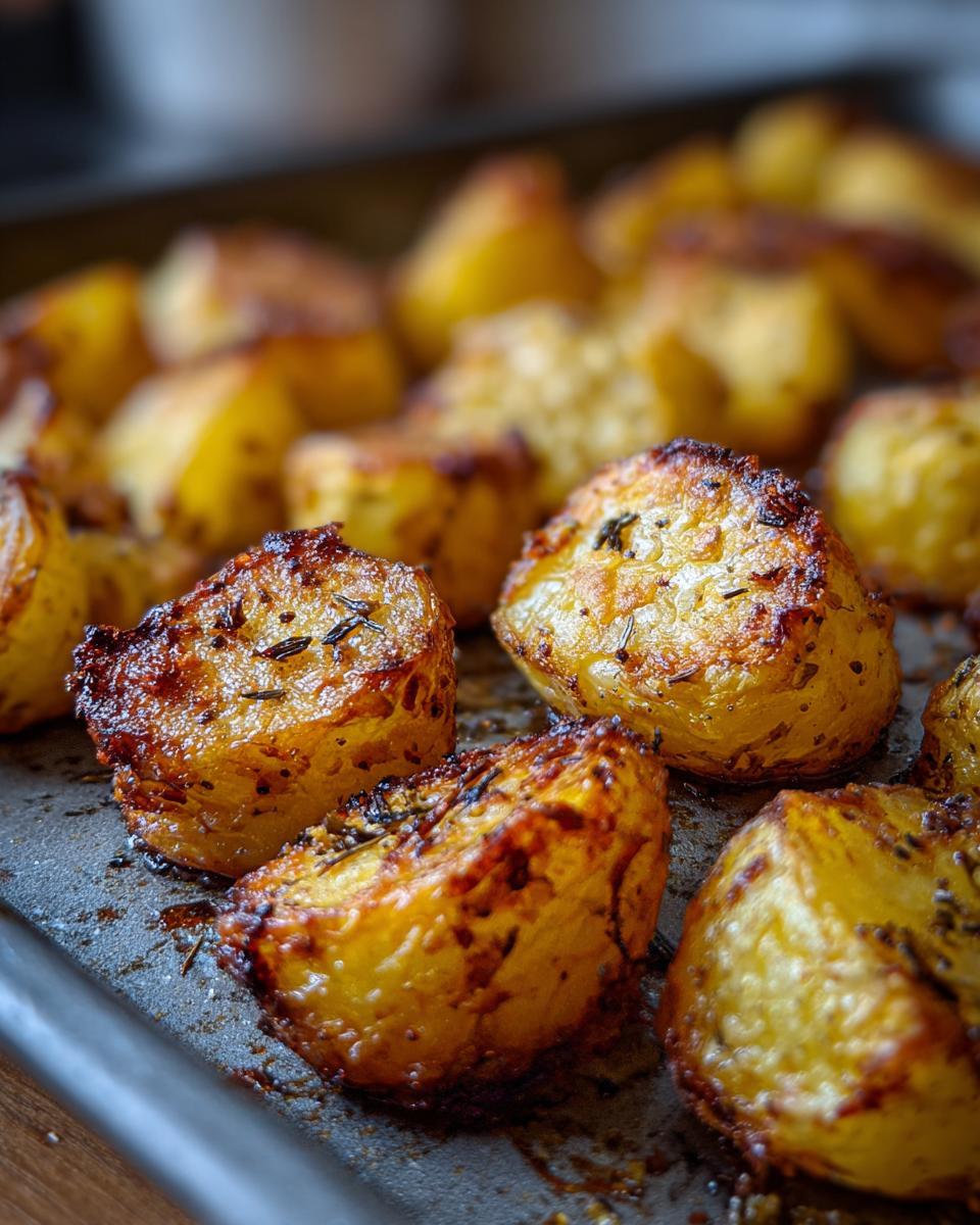 Close-up of golden brown, crispy roast potatoes seasoned with herbs on a dark baking sheet.