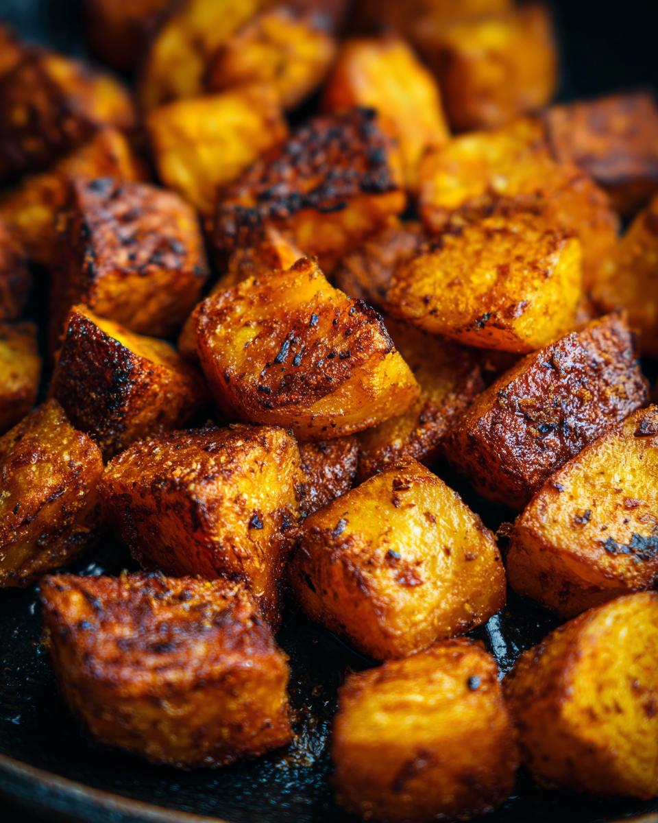 Close-up macro shot showcasing the intensely golden brown and crispy exterior of perfectly cooked roast potatoes.