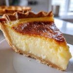 Close-up of a thick slice of creamy custard pie showing a golden-brown caramelized top crust.