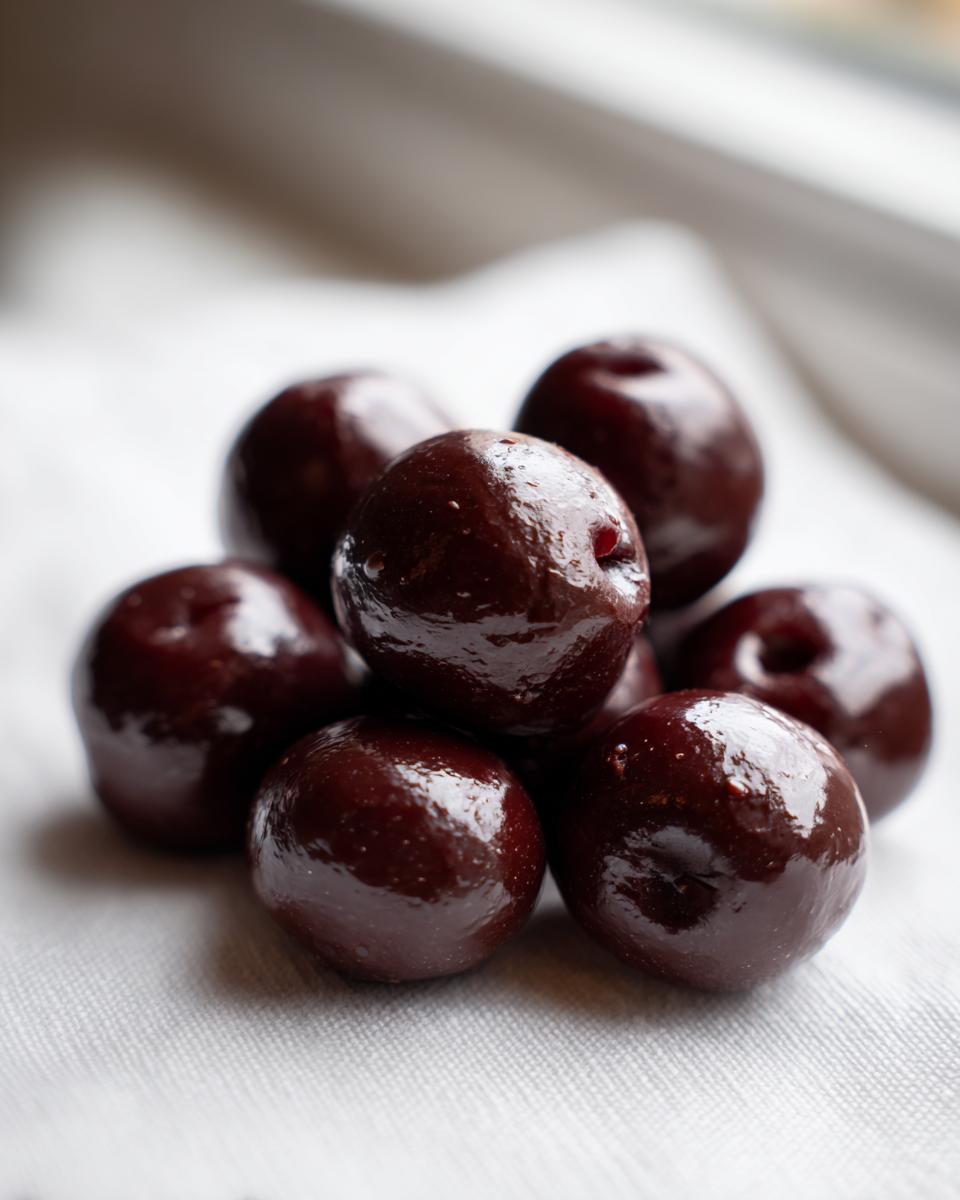 A close-up stack of glossy, dark chocolate covered cherries resting on a white textured cloth.