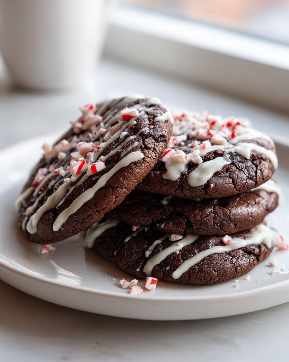 A stack of fudgy double chocolate peppermint cookies drizzled with white icing and topped with crushed candy canes.