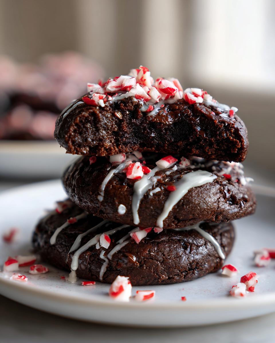 A stack of three fudgy double chocolate peppermint cookies drizzled with white icing and topped with crushed candy canes.