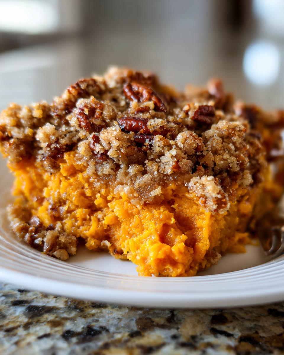 A close-up of a serving of easy sweet potato casserole featuring a bright orange base and a crunchy brown sugar pecan streusel topping.