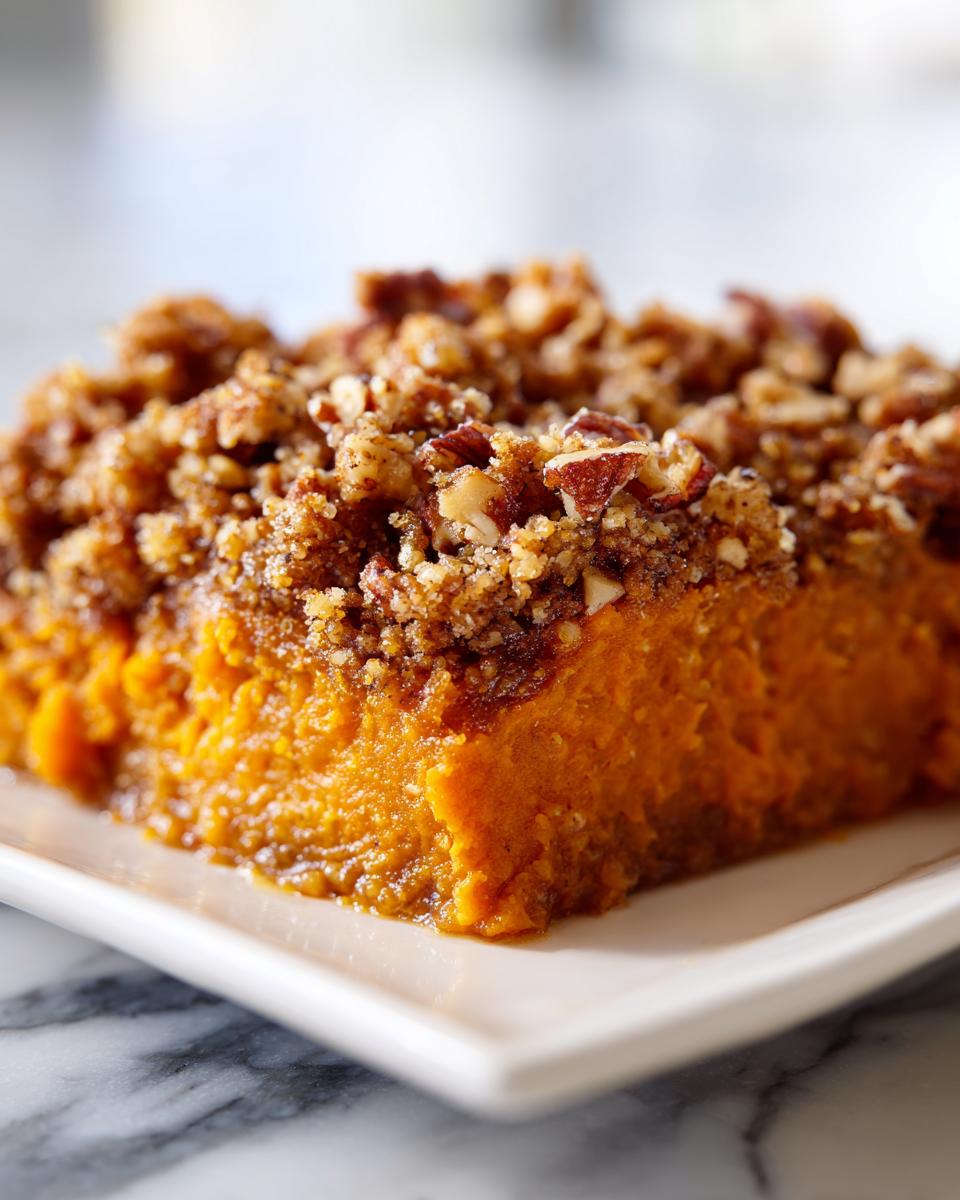 A close-up serving of easy sweet potato casserole featuring a rich orange base and a thick, crunchy pecan streusel topping.