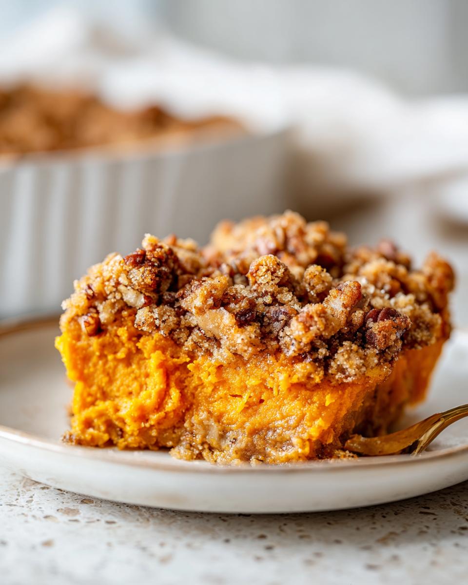 Close-up of a serving of easy sweet potato casserole topped with a crunchy pecan streusel.