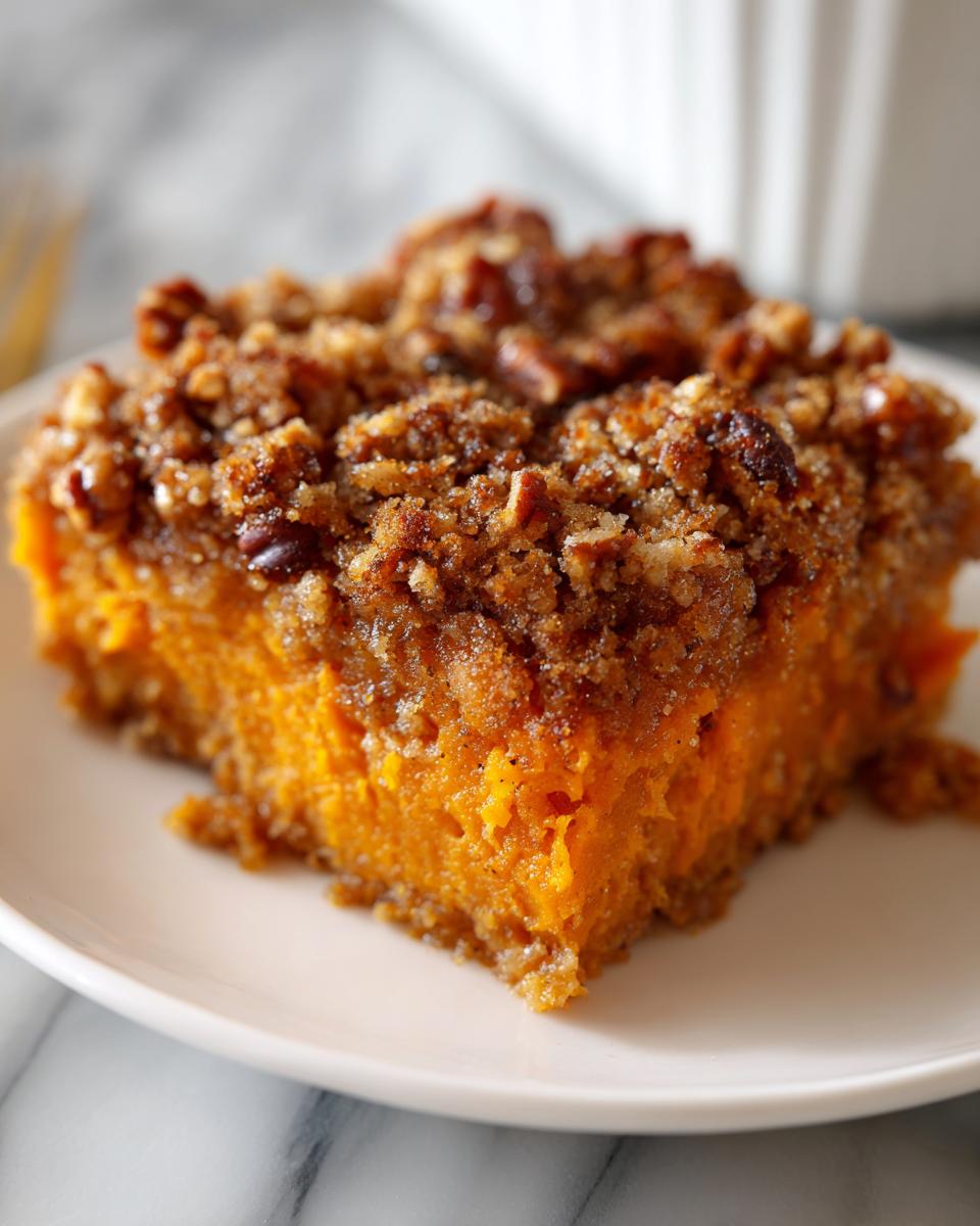 A close-up of a serving of easy sweet potato casserole featuring a thick, bright orange base and a crunchy pecan streusel topping.