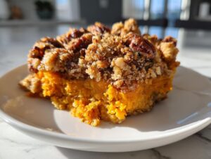 A close-up serving of easy sweet potato casserole featuring a bright orange base and a crunchy pecan streusel topping.