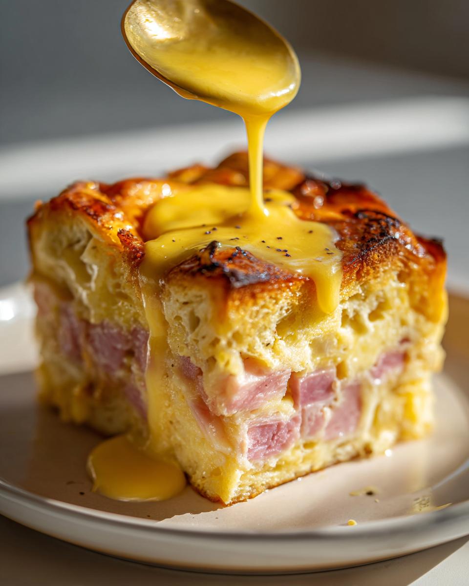 A square slice of eggs benedict casserole topped with rich hollandaise sauce being drizzled from a golden spoon.