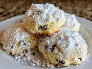 A stack of three soft, round cannoli cookies generously dusted with white powdered sugar.