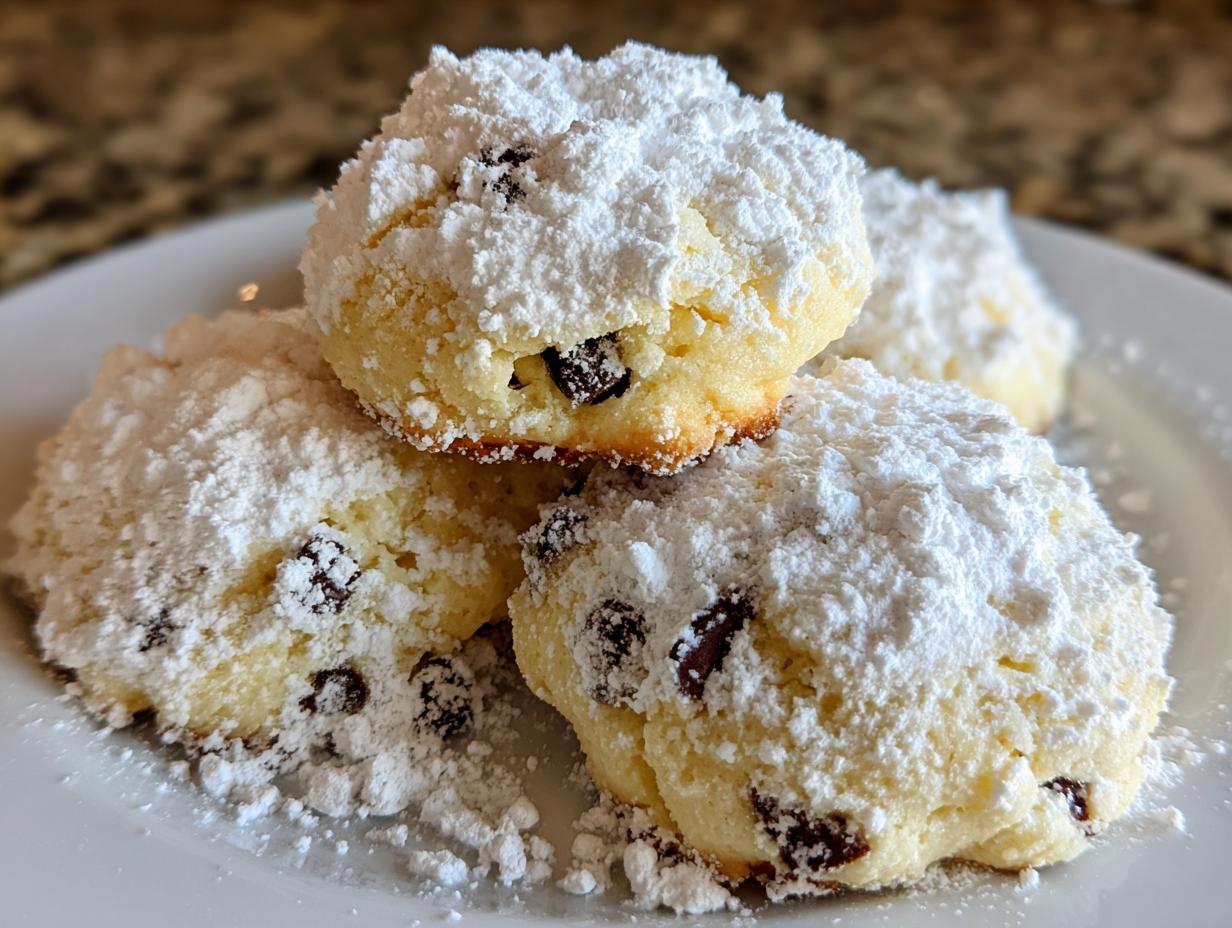 A stack of three soft, round cannoli cookies generously dusted with white powdered sugar.