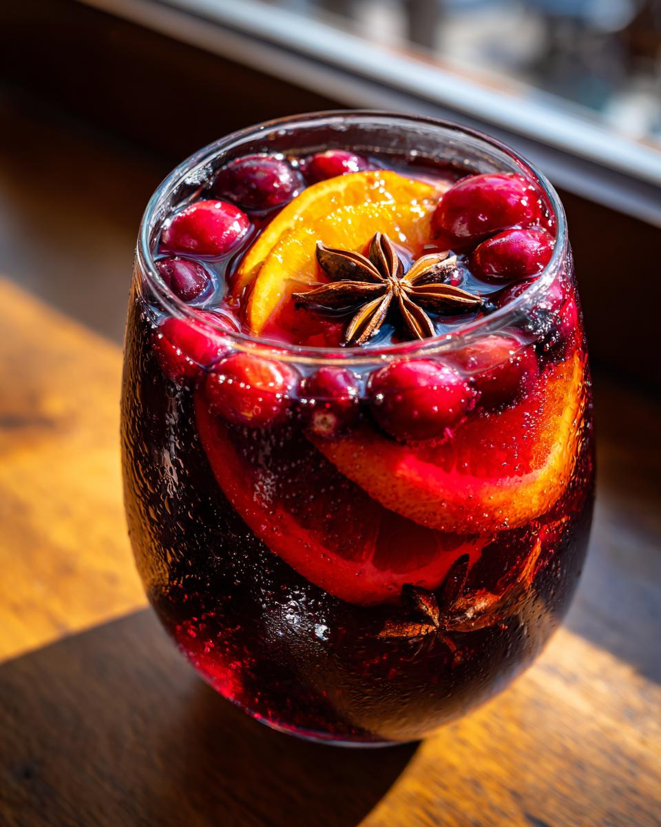 Close-up of a glass filled with deep red holiday sangria, garnished with fresh cranberries, orange slices, and star anise.