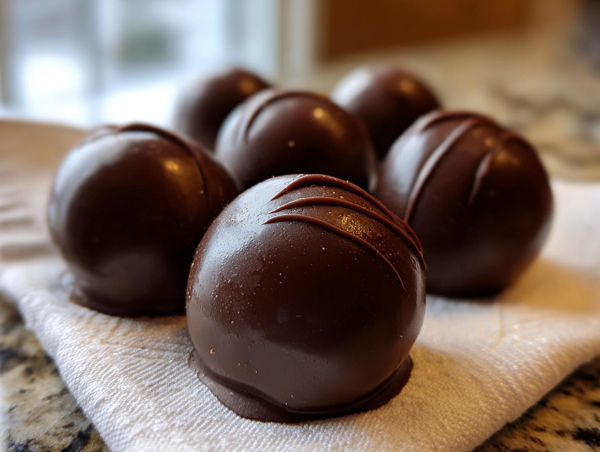 Close-up of several glossy, dark chocolate covered cherries resting on a white textured cloth.
