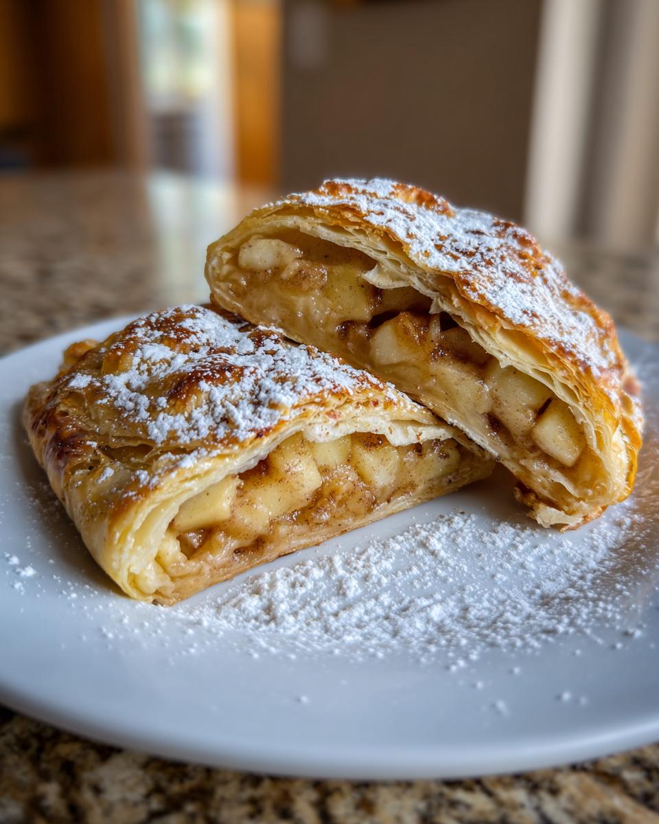 A close-up of a flaky, golden brown apple strudel cut in half, revealing cinnamon apple filling and dusted with powdered sugar.