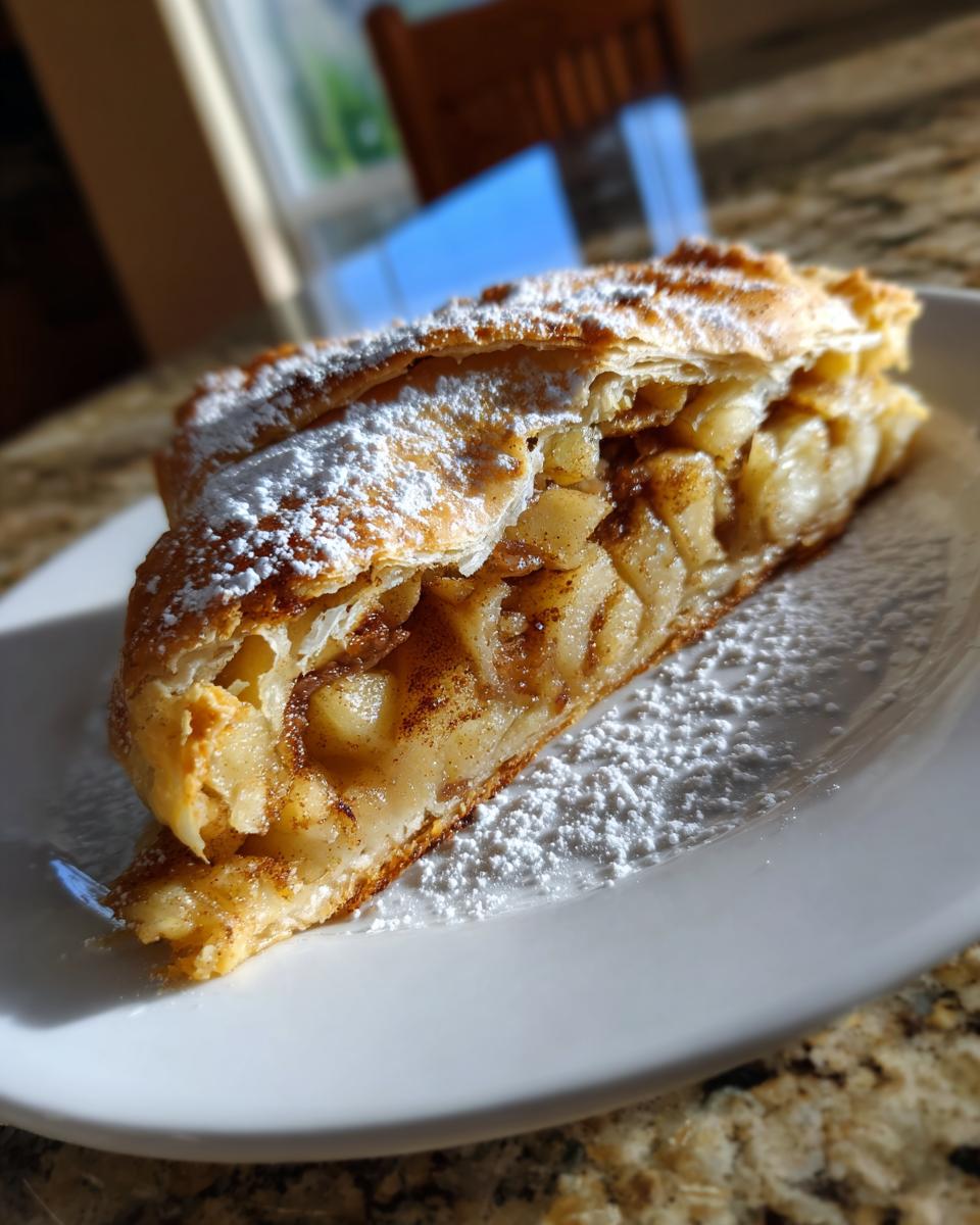 A close-up of a flaky slice of apple strudel dusted generously with powdered sugar on a white plate.