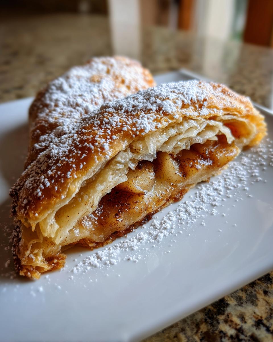 Close-up of a flaky, golden brown apple strudel slice dusted heavily with powdered sugar.