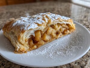 A close-up of a flaky slice of apple strudel filled with spiced apples, dusted generously with powdered sugar.