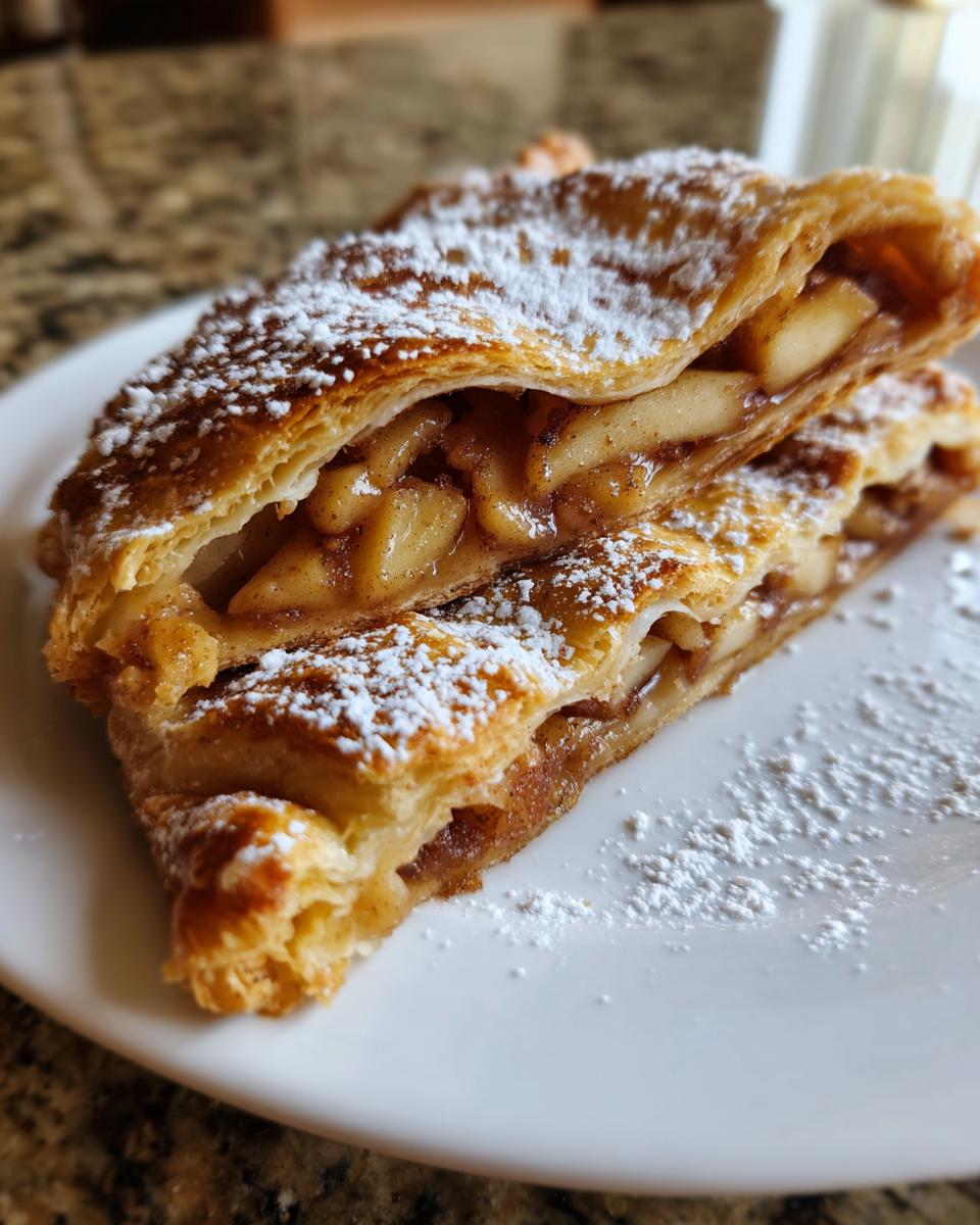 Two stacked slices of golden brown apple strudel filled with spiced apples and dusted heavily with powdered sugar.