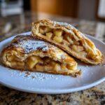Two cross-sections of flaky apple strudel filled with spiced apples, dusted with powdered sugar.