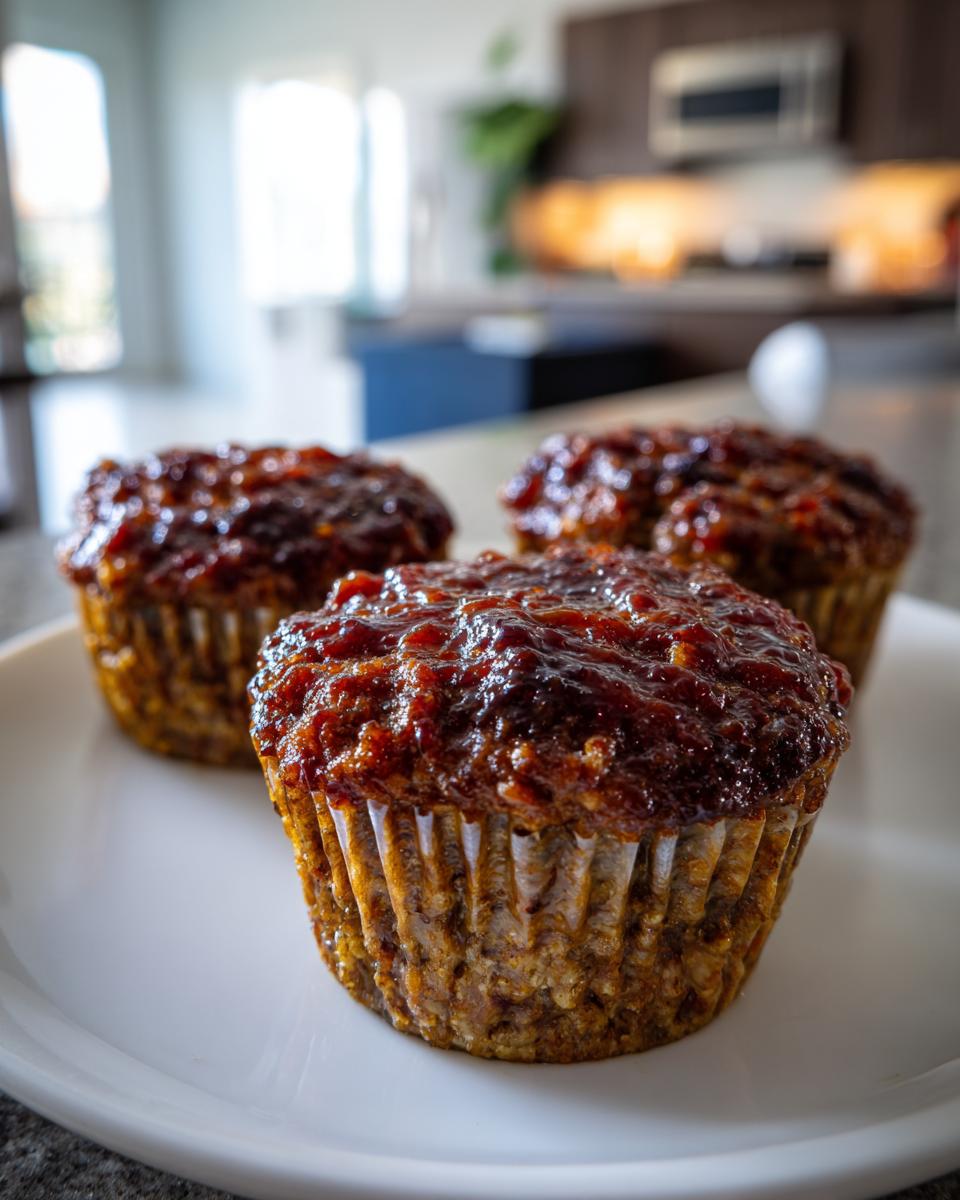 Three individual mini meatloaf portions baked in muffin cups, topped with a thick, glossy glaze.