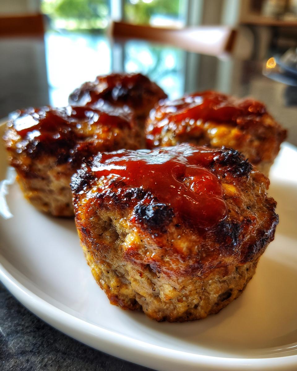 Close-up of four baked mini meatloaf portions topped with a shiny, dark red glaze, served on a white plate.